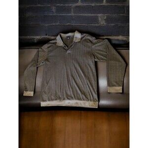 Vintage KnightsBridge Men XL Long Sleeve Golf Polo Black Gold Squares Cotton